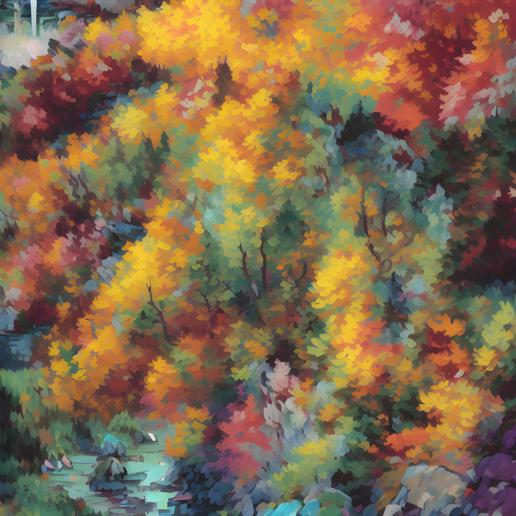 Vibrant Autumnal Forest Painting with Red, Orange, Yellow, and Green Foliage