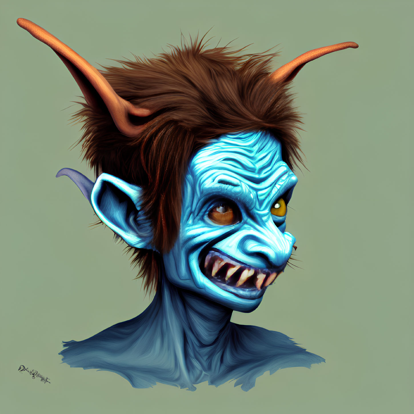 Fantasy creature with blue skin, pointed ears, yellow eyes, brown hair, and horns.