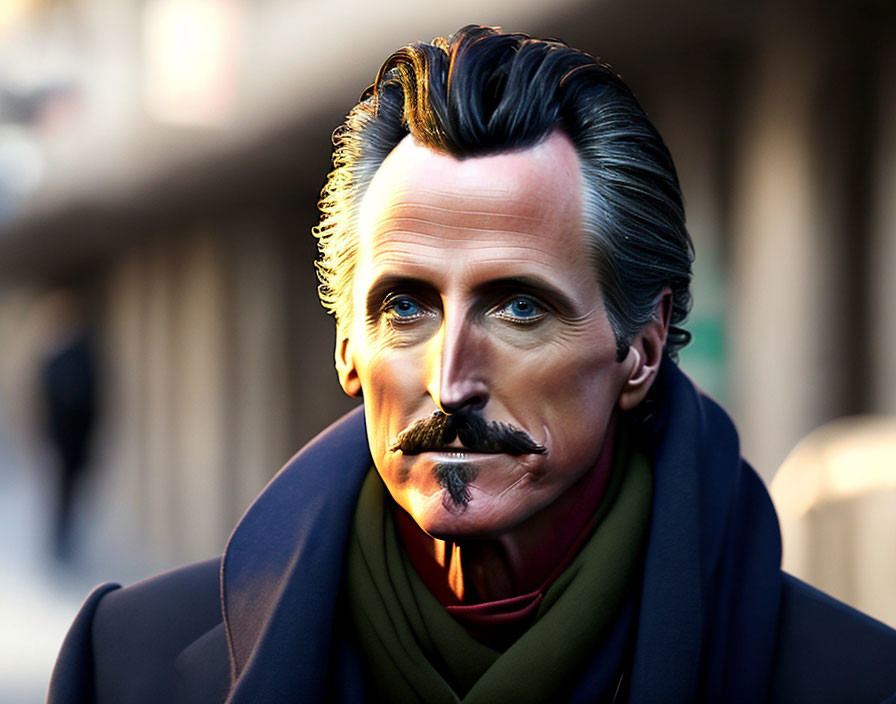 Stylized digital artwork of a man with slicked-back hair, mustache, and beard in