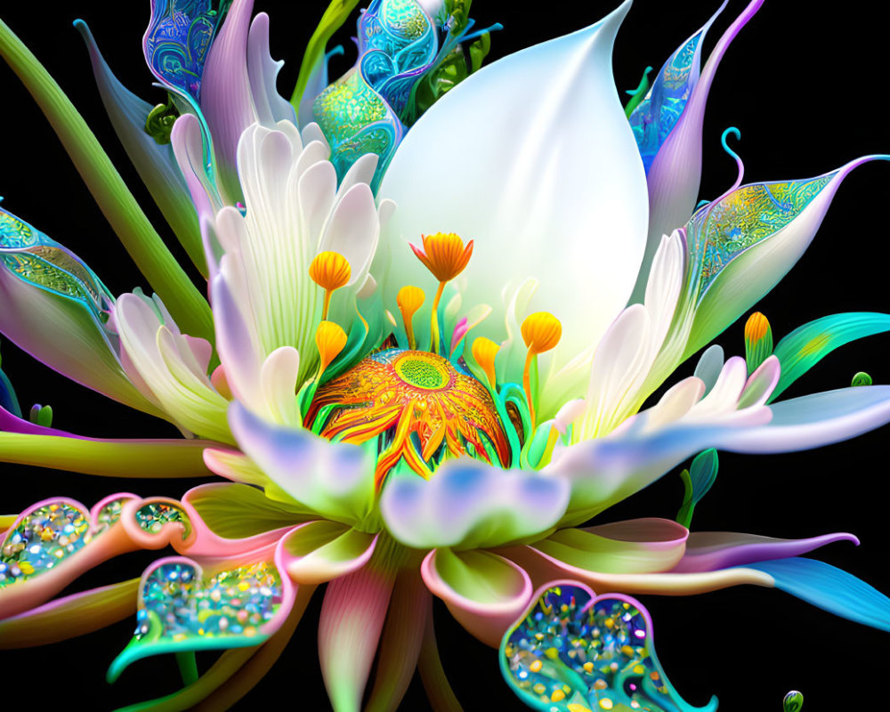 Colorful stylized flower artwork with luminous petals and glowing center on black background