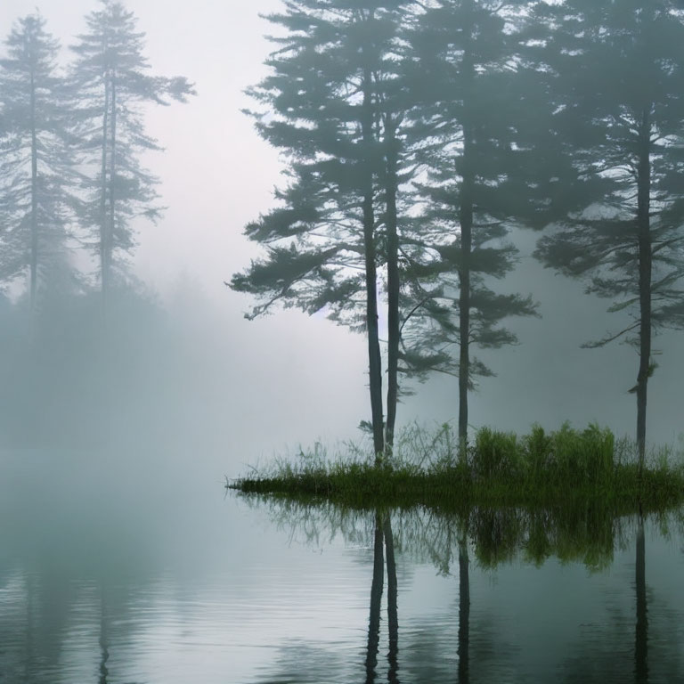 Tranquil forest landscape with misty reflection in calm water