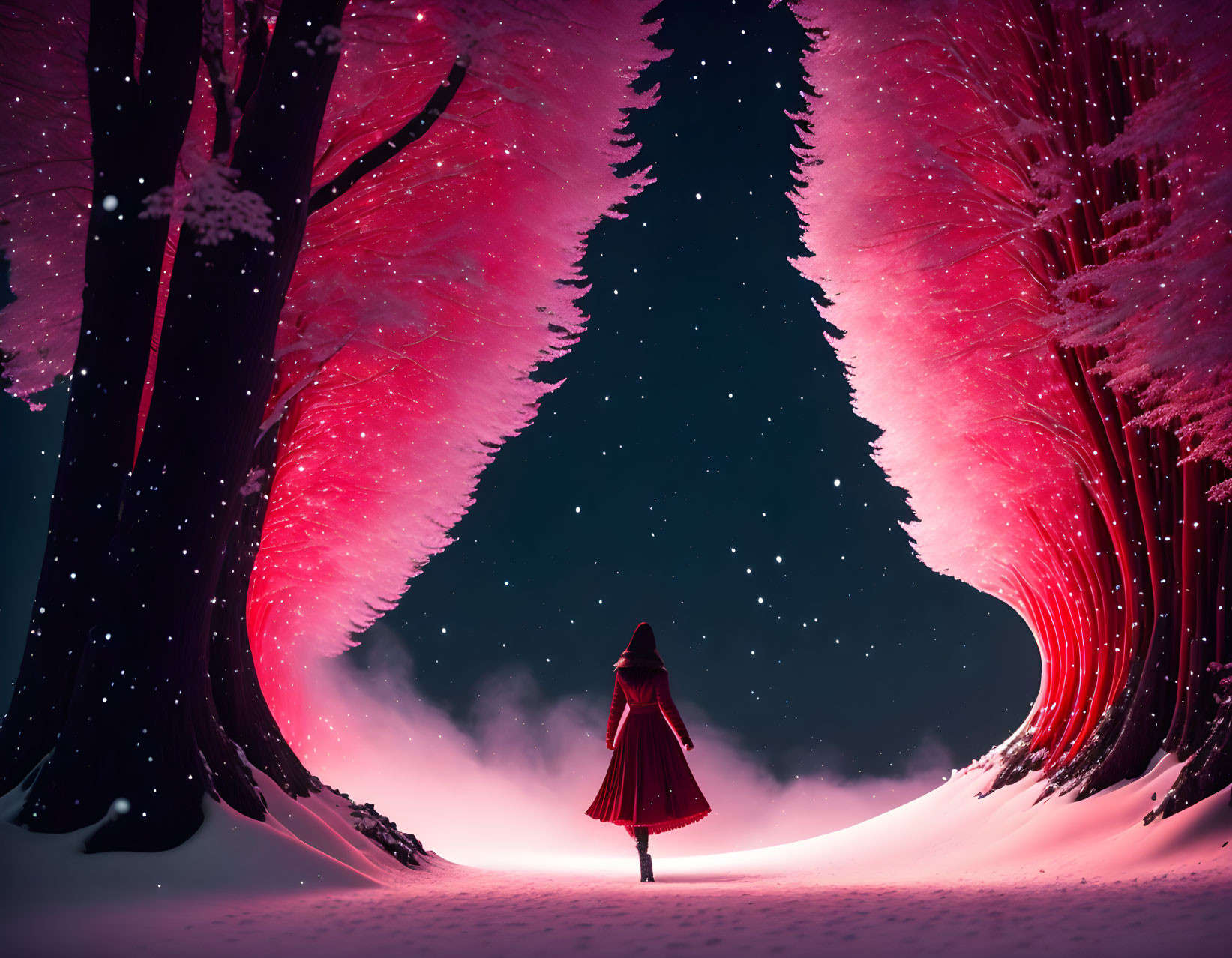 Solitary figure in red cloak among snow-covered trees at night