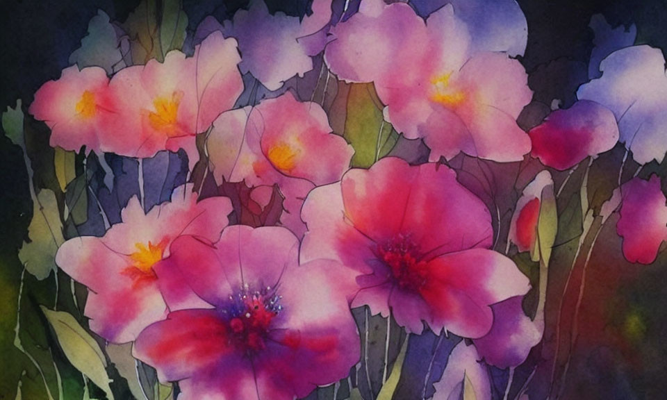 Vibrant pink and purple flowers in watercolor painting