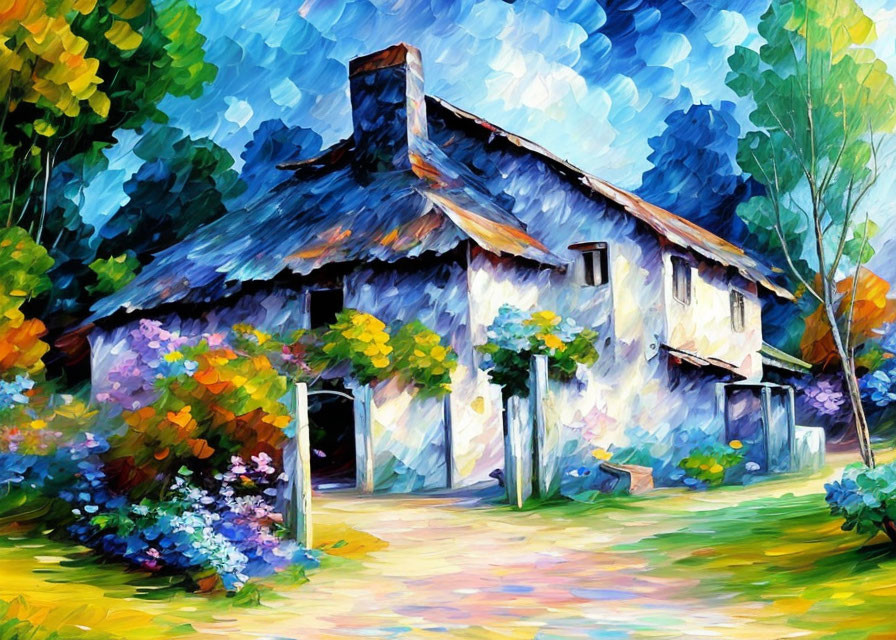 Impressionist-style painting of countryside house and lush foliage
