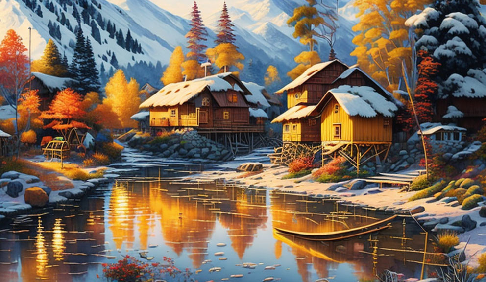  mountain village, wooden hut, wild river