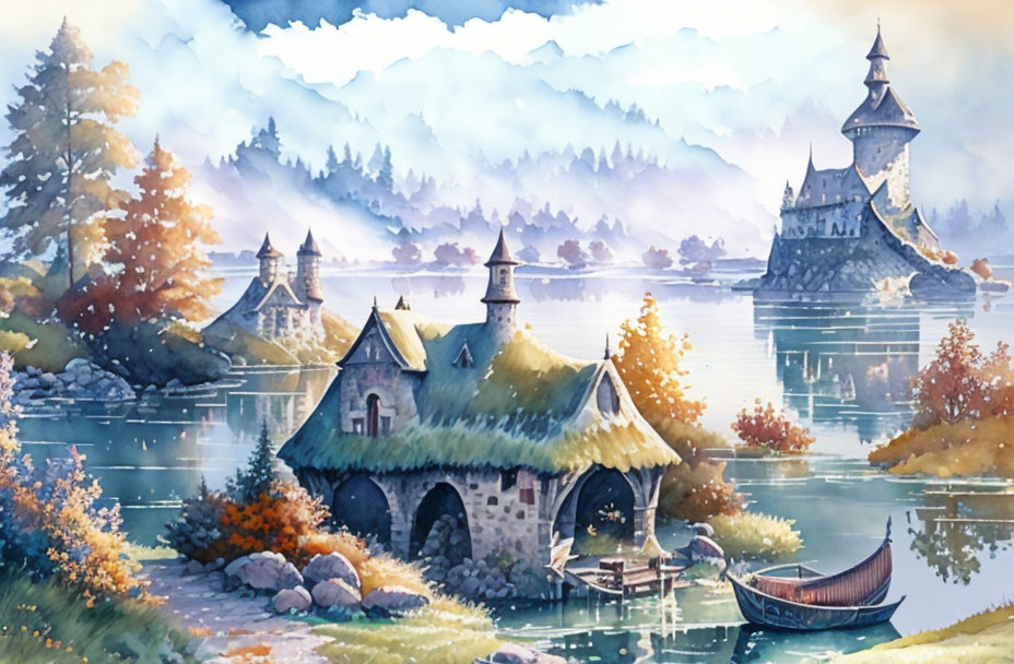 Castle and lake, rural, autumn watercolor 