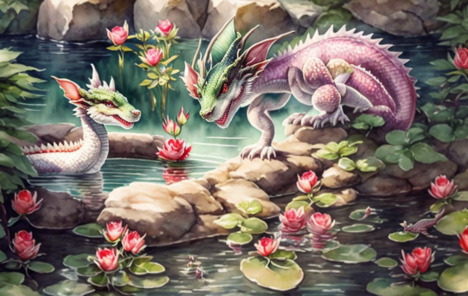 Dragons in Pond and on Rocks Among Waterlilies and Lotus Flowers