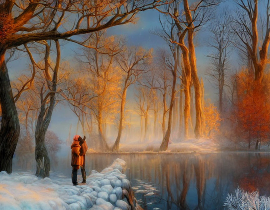Snowy Riverbank Scene: Person in Orange Jacket Observing Winter Landscape