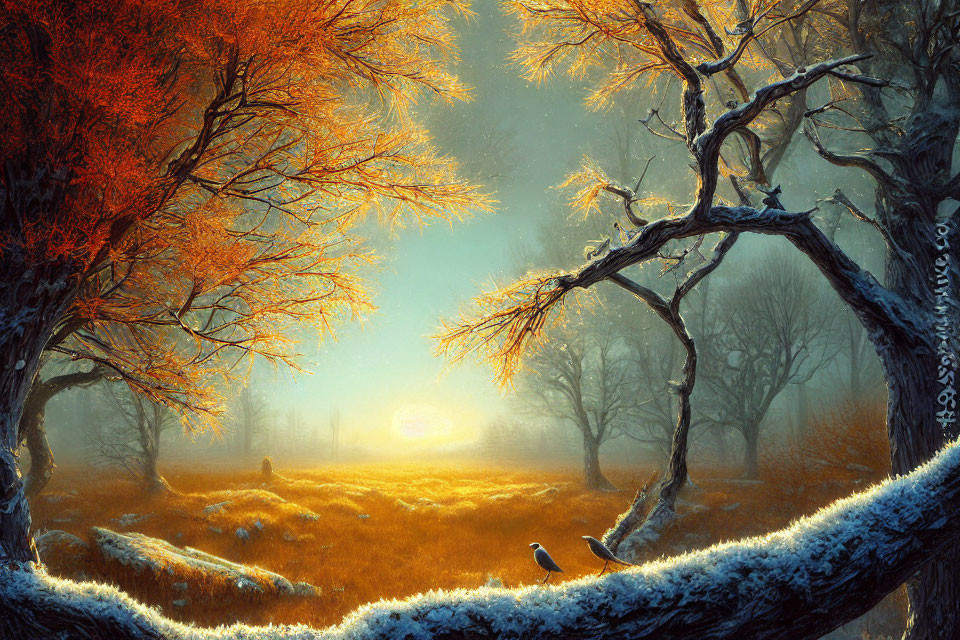 Golden-hued trees and lone bird in serene fantasy landscape at sunrise