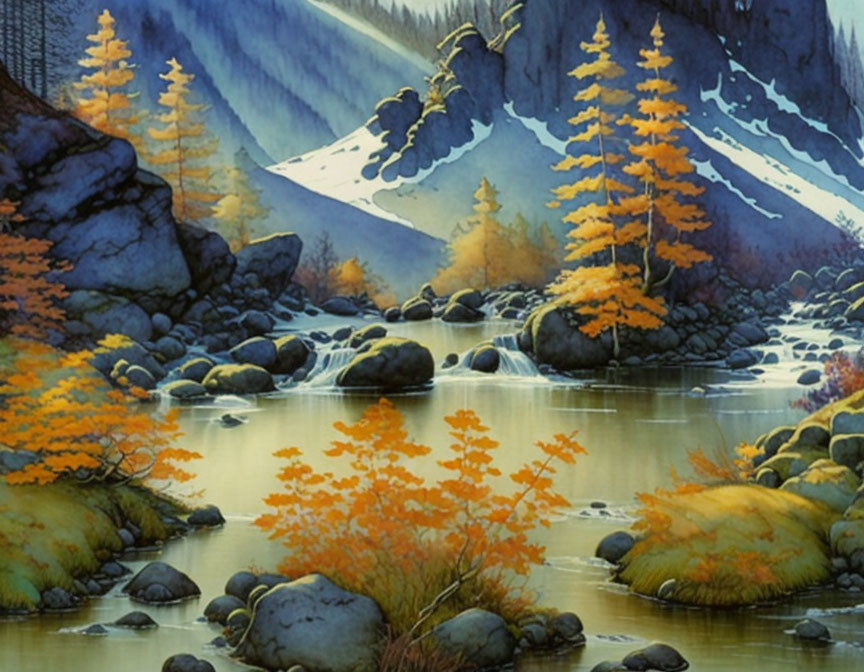 Scenic autumn landscape with orange trees, river, rocks, mountains.