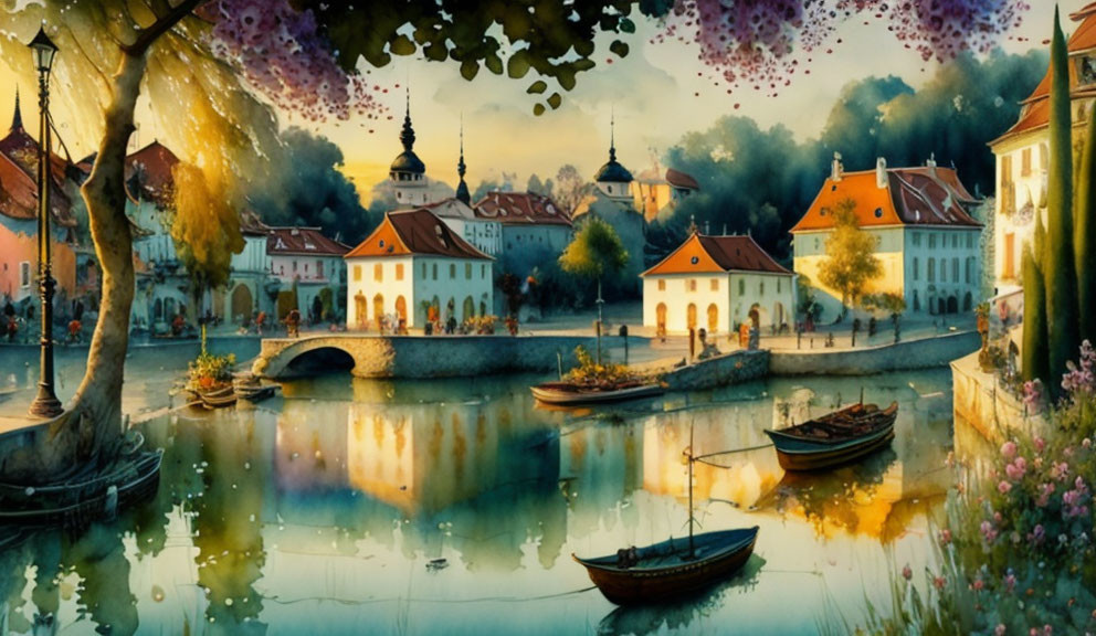 Wonderful houses on water, boats, sunset