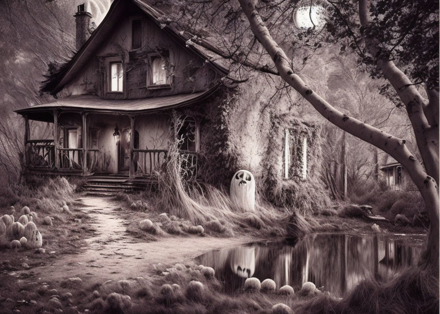 Old cottage neglected, scary scene, ghost