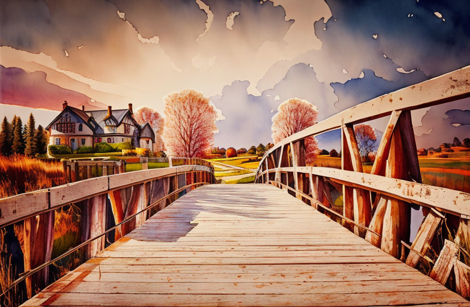 Landscape watercolor, bridge, cottage, silent, pea