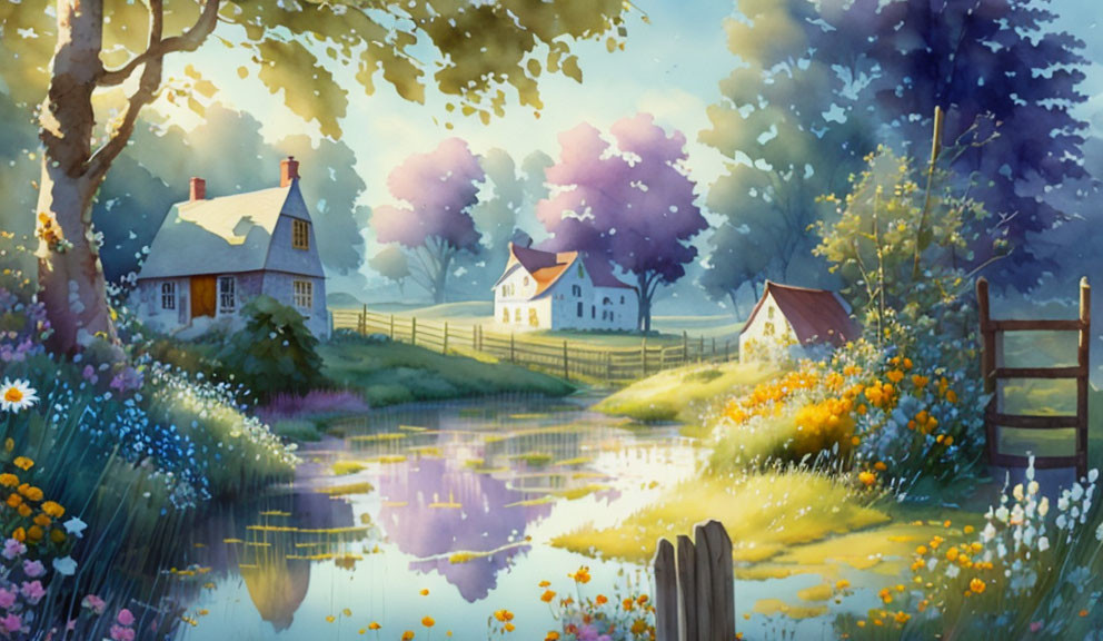 Country houses, flowers, blue sky, sunlight 