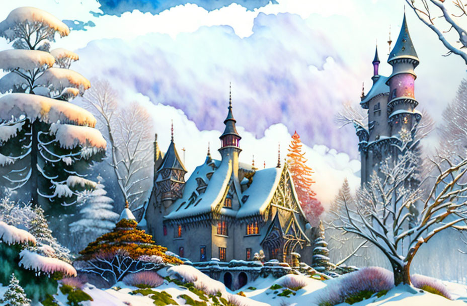 Landscape, winter, castle, clouds trees wonderful