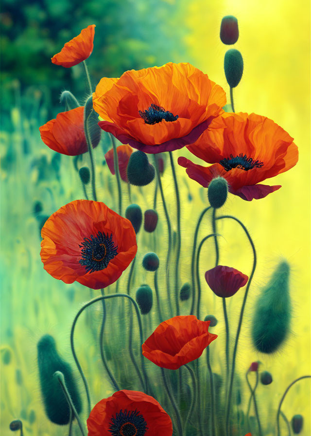 Bright red poppies with black centers in soft-focus meadow scene