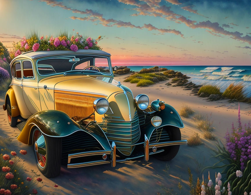 A vintage car by the sea flowers sunset