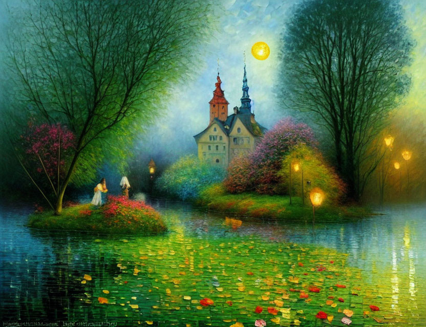 Fantastical painting of couple by moonlit lake with water lilies, glowing lamps, trees,