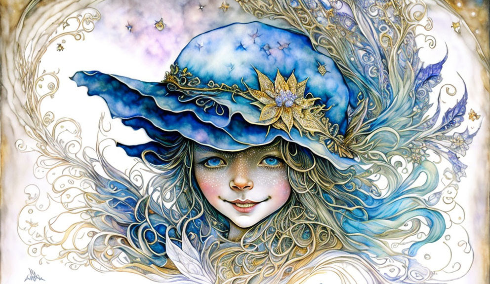 Whimsical girl with ornate hat and golden flower illustration