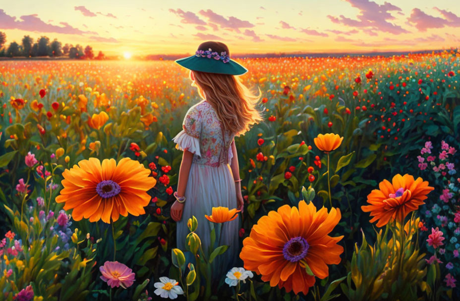 Young woman in a flower field in the evening
