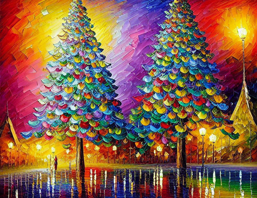 Colorful Trees Painting with Dynamic Brushstrokes and Walking Figure