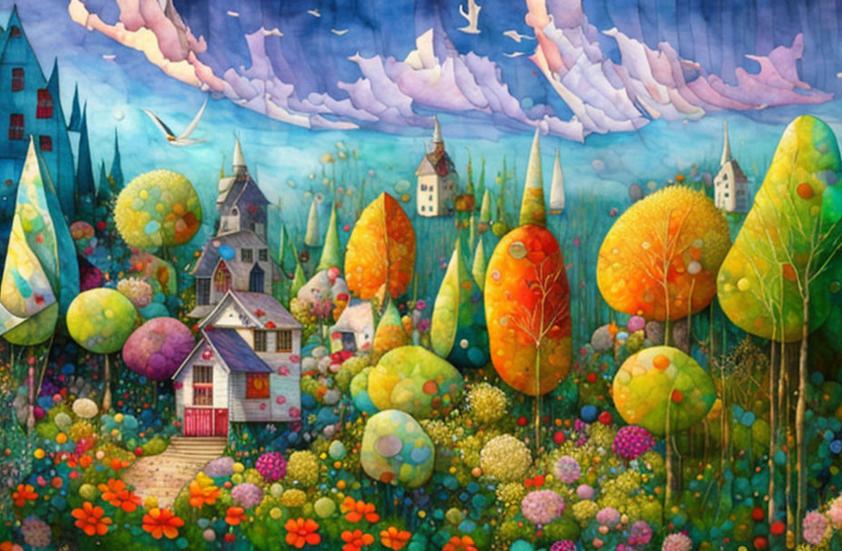Colorful village painting with patterned trees and floating islands in sky
