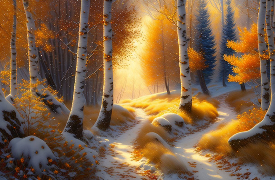 Pretty landscape with snow in autumn, kurved path