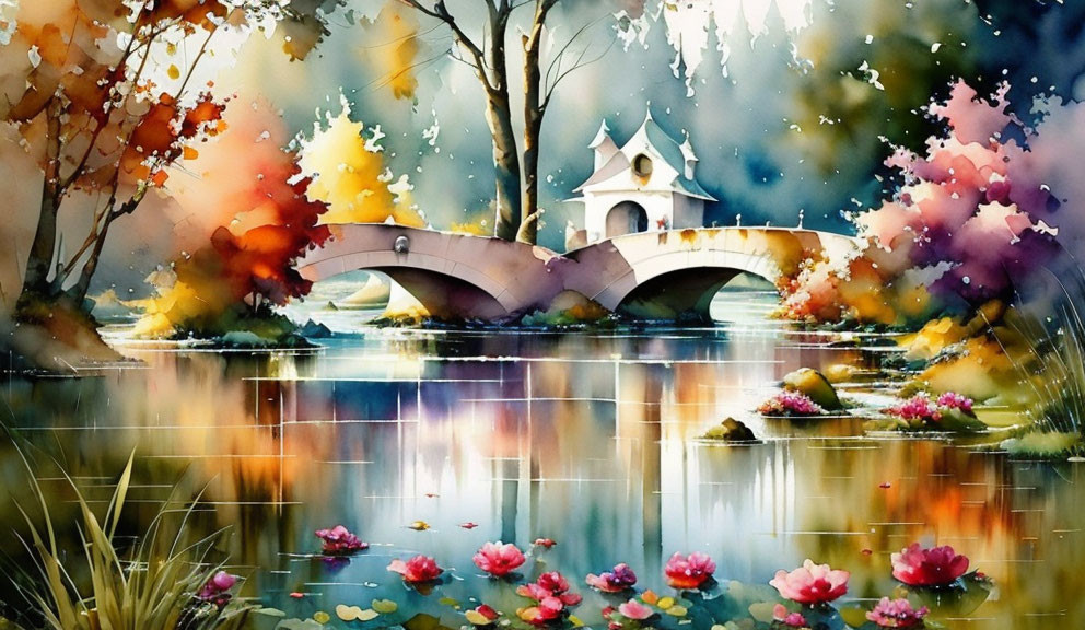 Colorful watercolor painting of autumn landscape with bridge and chapel