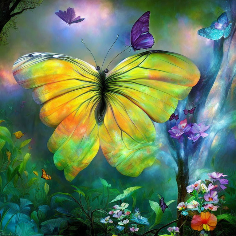 Colorful Digital Art: Large Yellow Butterfly in Enchanted Forest