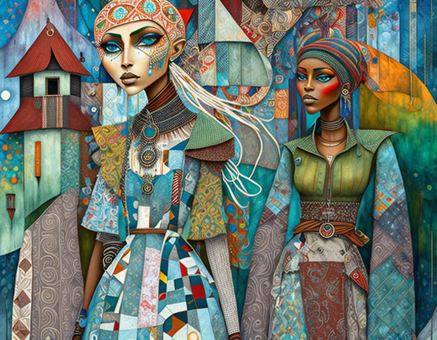 Stylized ornate female figures in colorful attire with geometric backdrop.
