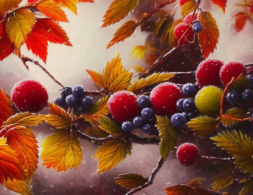 Seasonal still life with red berries, blueberries, and yellowing leaves in dewdrops