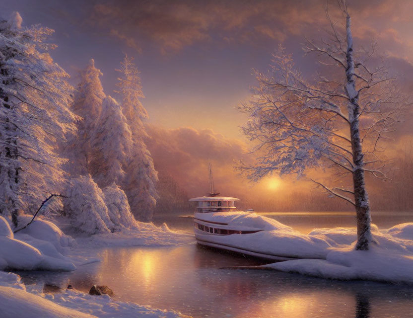 Snow-covered riverbank with boat at dusk surrounded by snowy trees