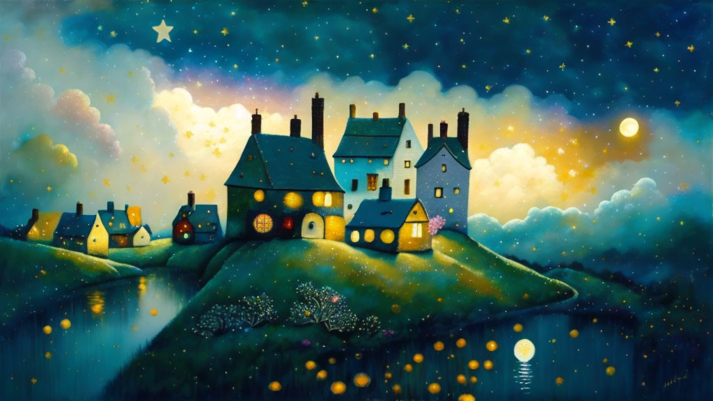 Village Illustration, moon stars, clouds,