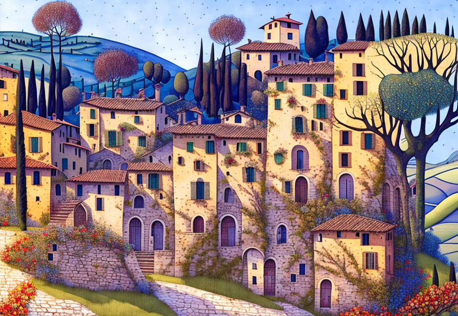 Village and trees in Tuscany, painting style