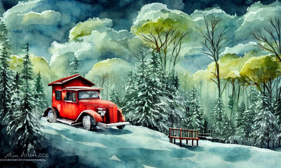 Vintage Red Truck Watercolor Painting on Snowy Road with Trees and Cloudy Sky