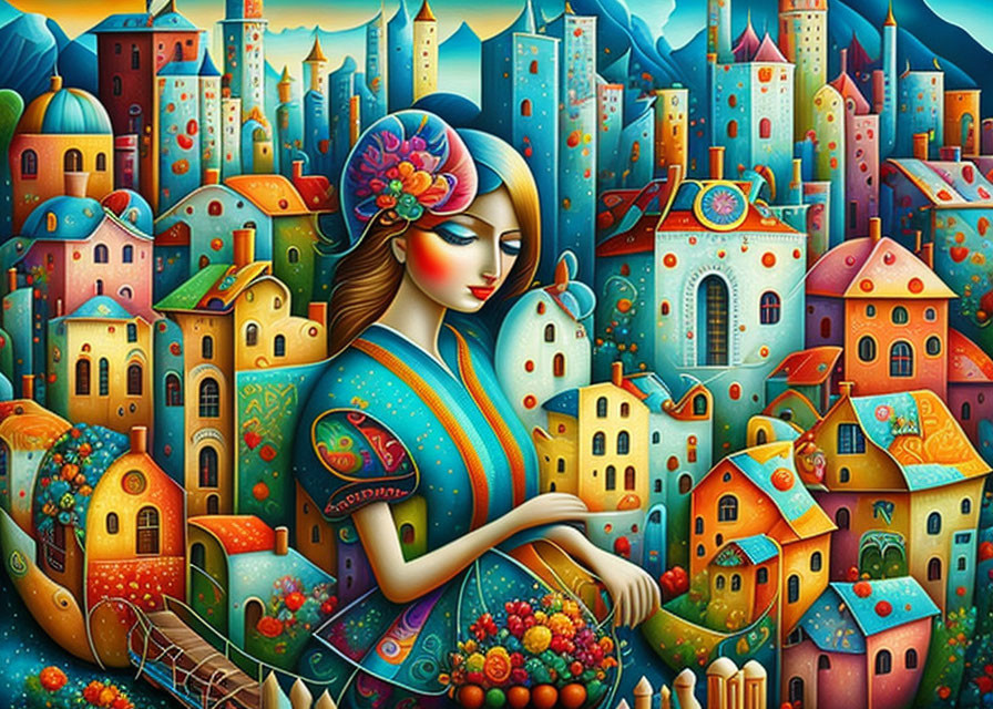 Colorful painting of woman with flower in hair against whimsical cityscape