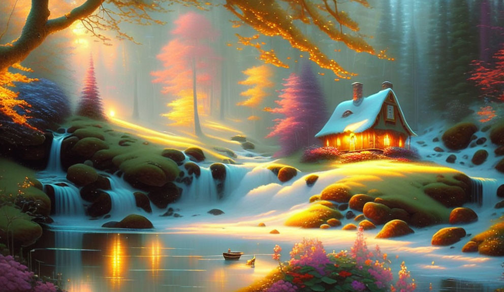 House between waterfalls romantic phantasie