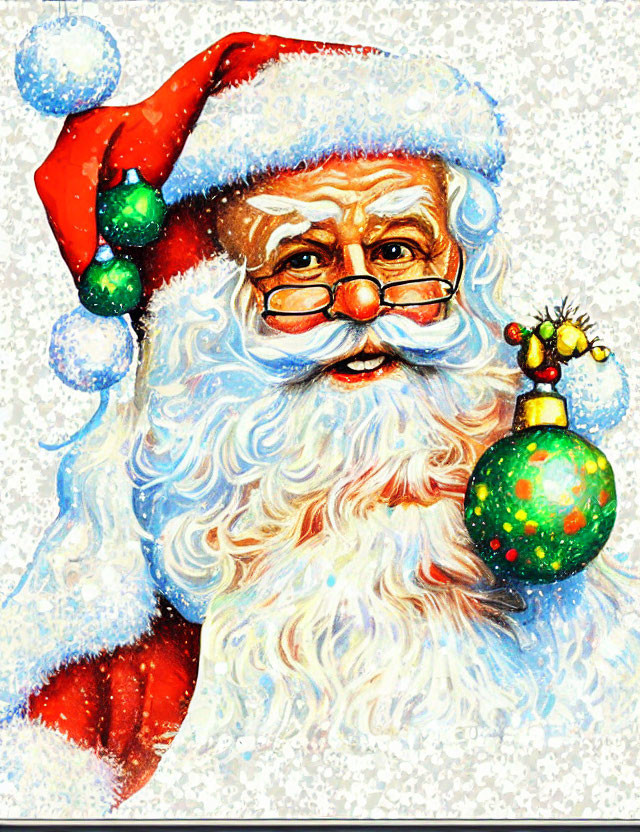 Santa Claus Illustration: Red Hat, White Beard, Glasses, Holding Green Ornament, Snowy
