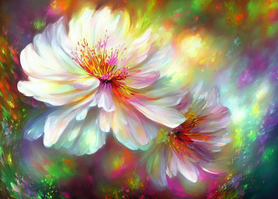 Colorful digital painting: Blooming flowers on vibrant background