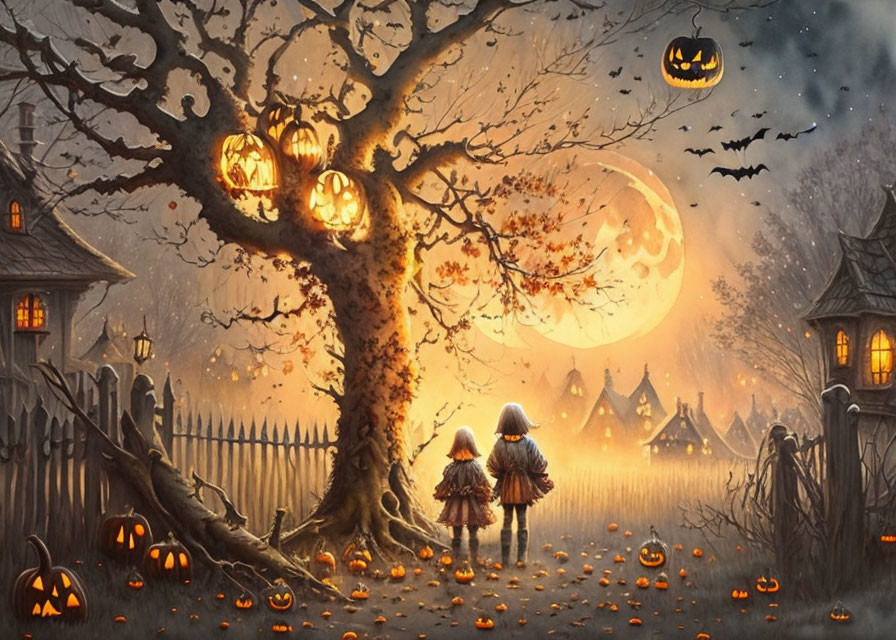 Tree halloween moon pompkin childreen bats