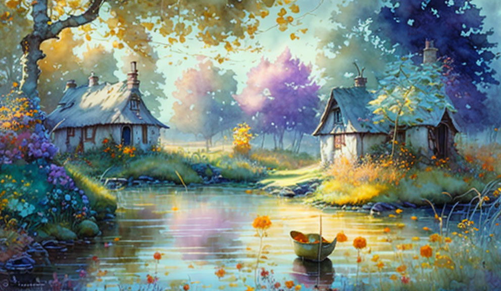Landscape, cottage in fields, autumn, flowers