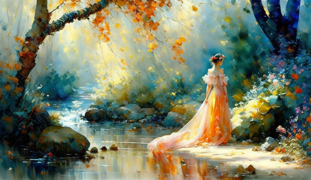 Woman in Orange Gown by Stream in Vibrant Autumn Forest