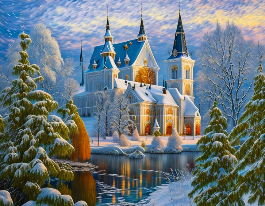 Snowy Fairy-Tale Castle Surrounded by Winter Trees at Dusk