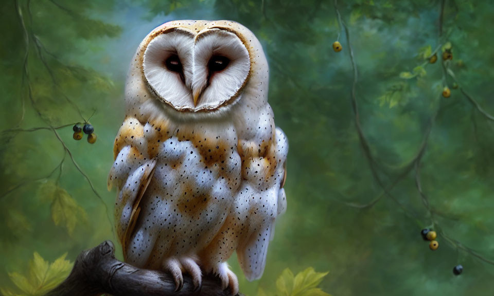 Barn owl perched on branch in serene forest landscape