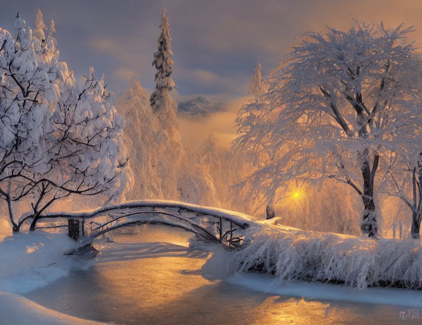 Snow-covered trees, gentle stream, wooden bridge in warm golden light