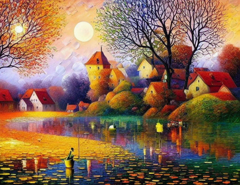 Colorful painting: Tranquil village by reflective lake with lone fisherman, autumn tree, whimsical