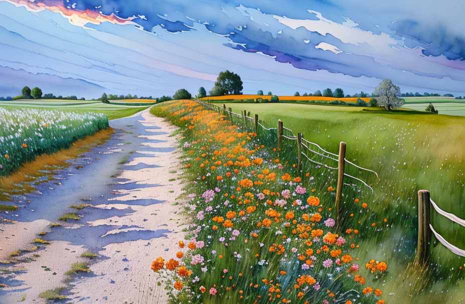 Landscape, field path, many colour flowers, idyll