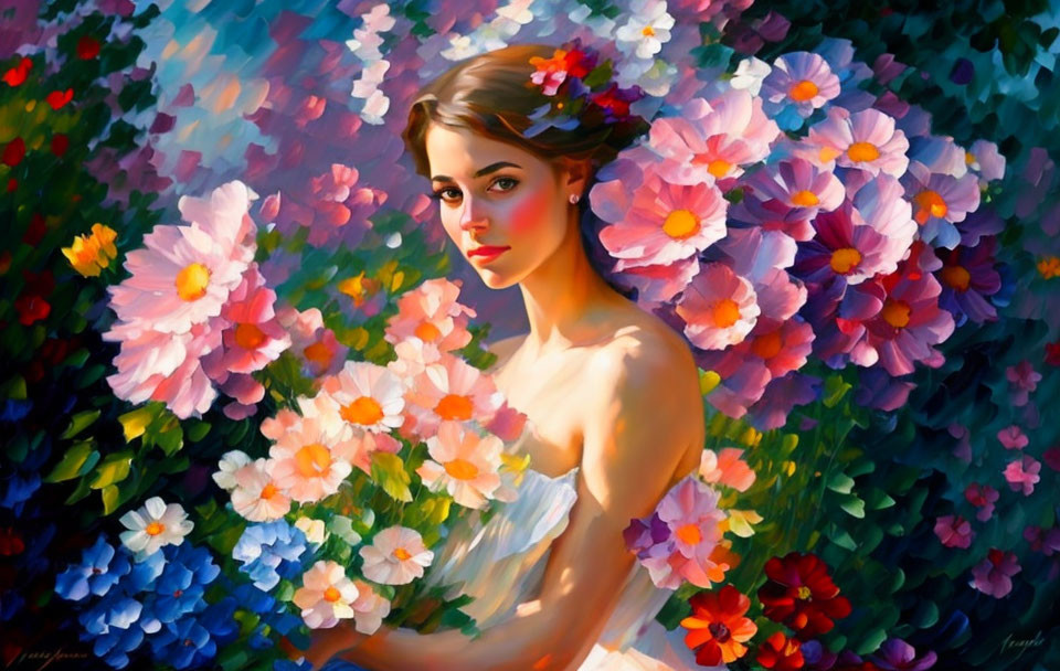 Serene woman surrounded by vibrant flowers in dreamy painting