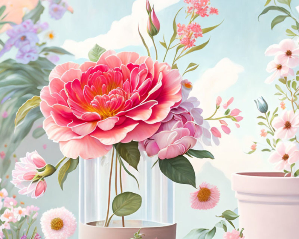 Detailed illustration of large pink peony in glass vase among delicate flowers on pastel blue background