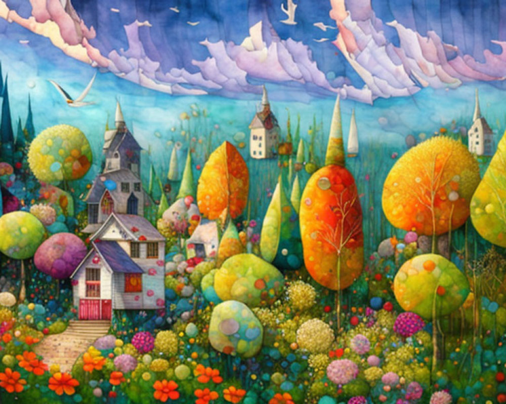 Colorful village painting with patterned trees and floating islands in sky